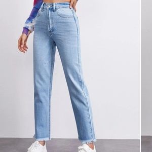 New High Waist Raw Hem Straight Jeans